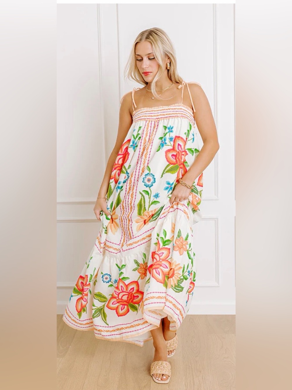 Flying Tomato Peach and White Sundress with Floral Trim